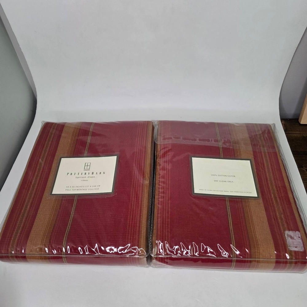 Pottery Barn Harrison Drape Red Gold Striped 100% Cotton 54x96 Set of 2 New - Picture 8 of 10